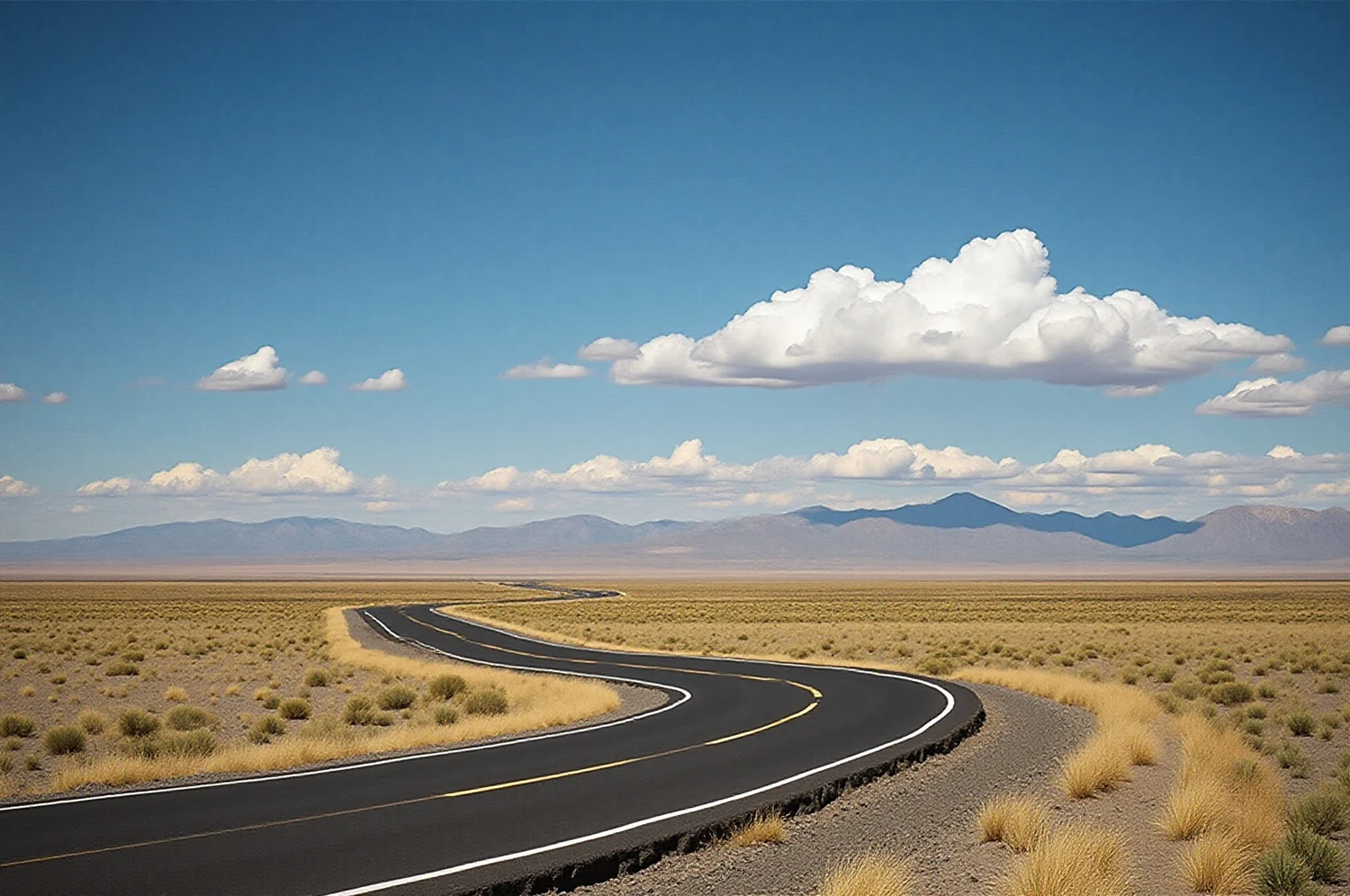 Ruta vacía curvando entre campo abierto